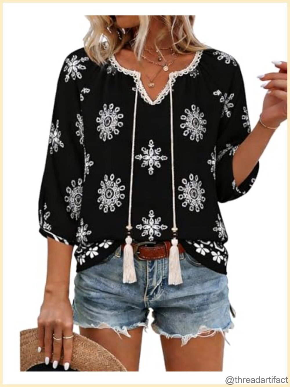 Womens Boho Peasant Blouse 3/4 Sleeve V Neck Tie Front Casual Top